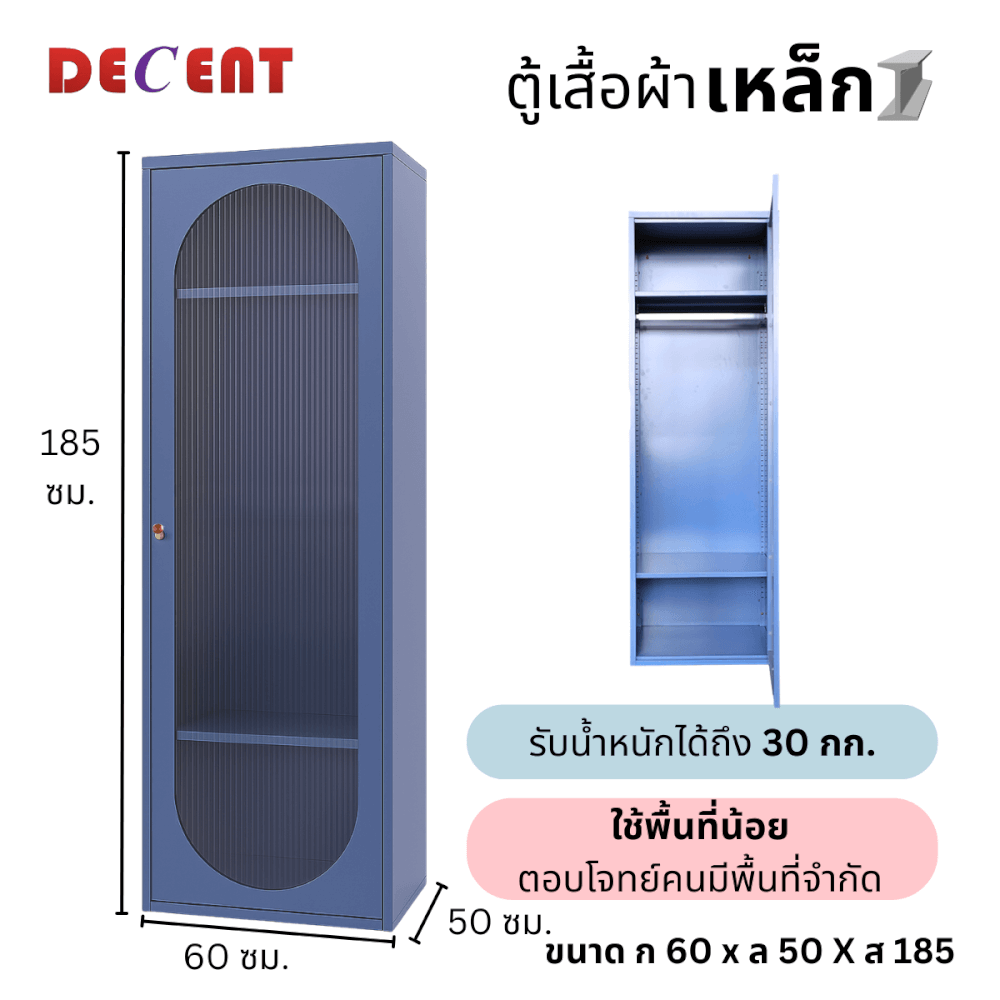 ตู้เสื้อผ้า บานเปิด 1 ประตู DECENT รุ่นมินิ สีฟ้าคราม 60ซม.